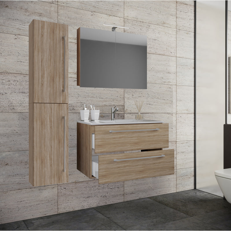 Completo Set bagno 4 Pezzi Mobile sospeso 2 casetti con Lavabo large in ceramica incl 1 Colonna e mobile specchio, Rovere ,