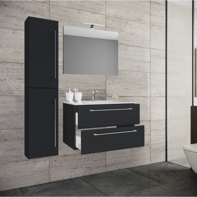 Completo Set bagno 4 Pezzi Mobile sospeso 2 casetti con Lavabo Extra large in ceramica incl 1 Colonna e specchio, Nero ,