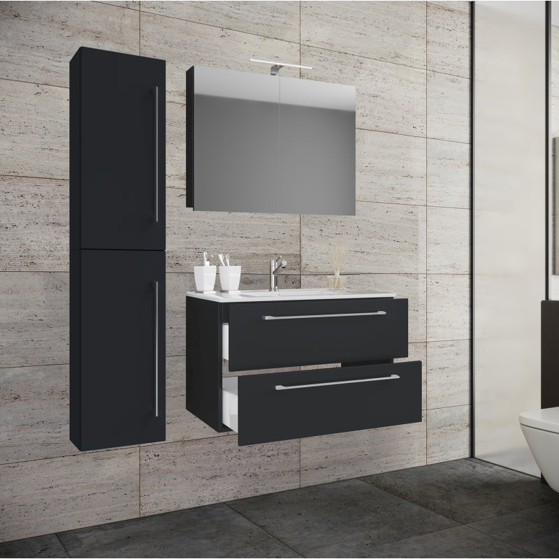Completo Set bagno 4 Pezzi Mobile sospeso 2 casetti con Lavabo XL in ceramica incl 1 Colonna e mobile specchio, Nero ,