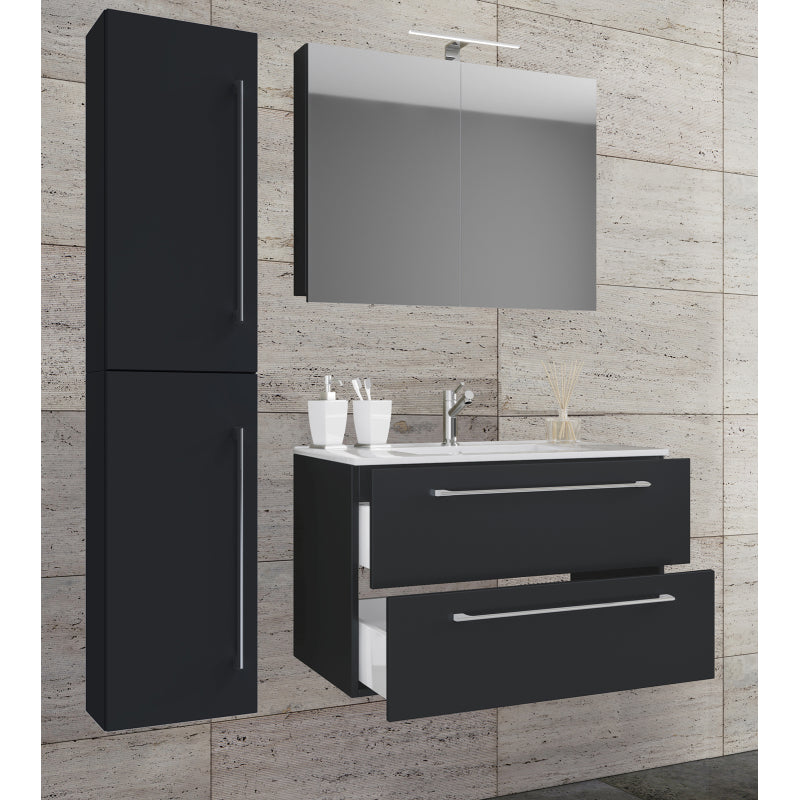 Completo Set bagno 4 Pezzi Mobile sospeso 2 casetti con Lavabo XL in ceramica incl 1 Colonna e mobile specchio, Nero ,