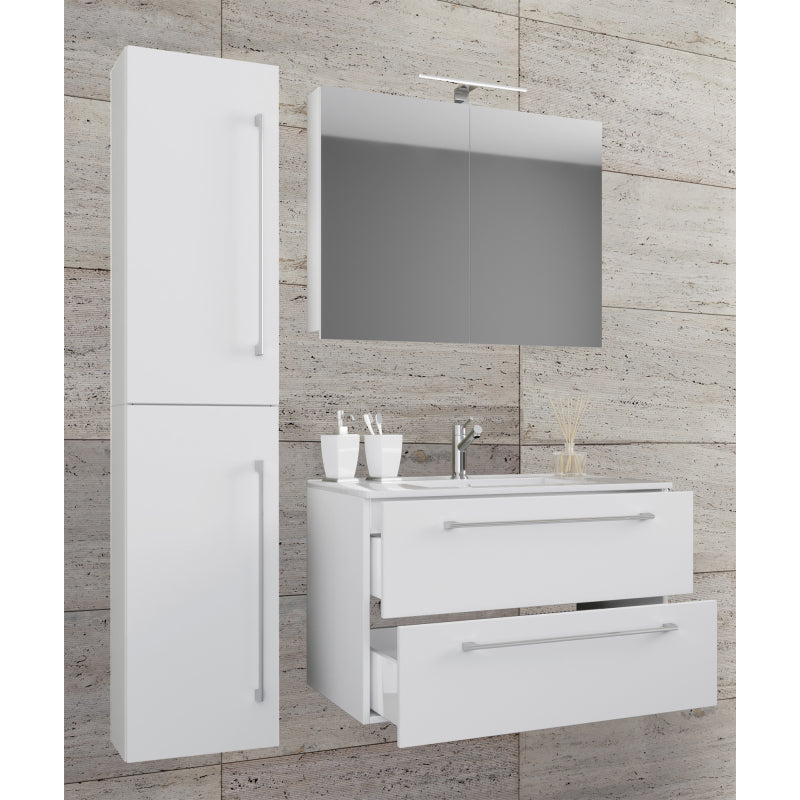 Completo Set bagno 4 Pezzi Mobile sospeso 2 casetti con Lavabo XL in ceramica incl 1 Colonna e mobile specchio, Bianco ,