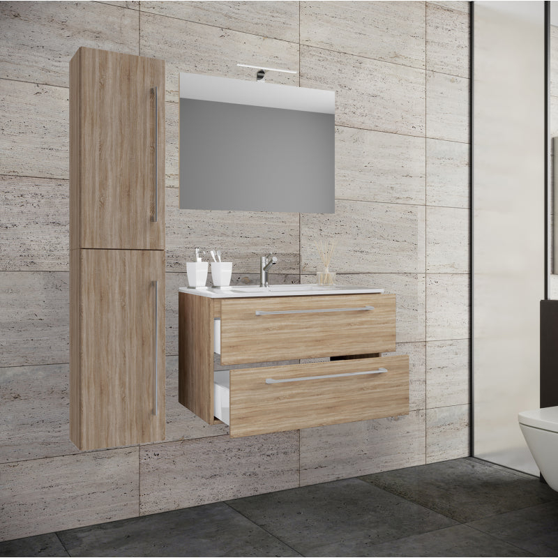 Completo Set bagno 4 Pezzi Mobile sospeso 2 casetti con Lavabo large in ceramica incl 1 Colonna e specchio, Rovere Sonoma ,