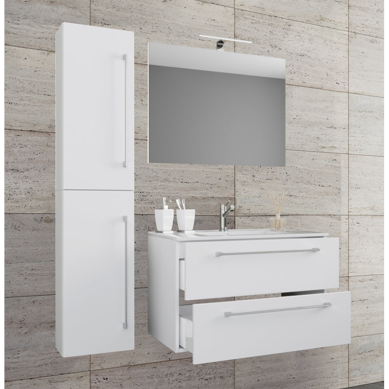 Completo Set bagno 4 Pezzi Mobile sospeso 2 casetti con Lavabo Extra large in ceramica incl 1 Colonna e specchio, Bianco ,