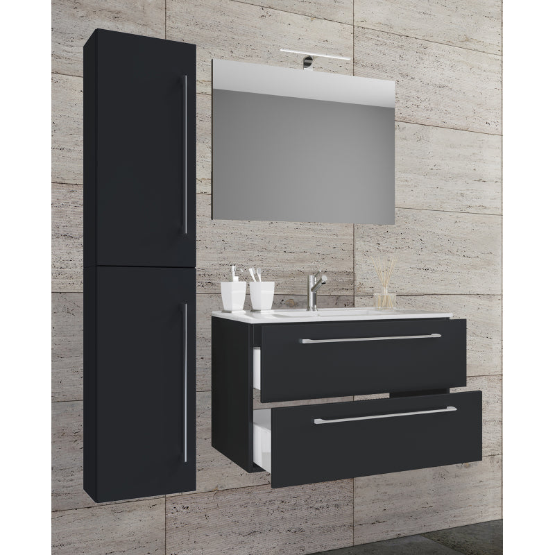Completo Set bagno 4 Pezzi Mobile sospeso 2 casetti con Lavabo Extra large in ceramica incl 1 Colonna e specchio, Nero ,
