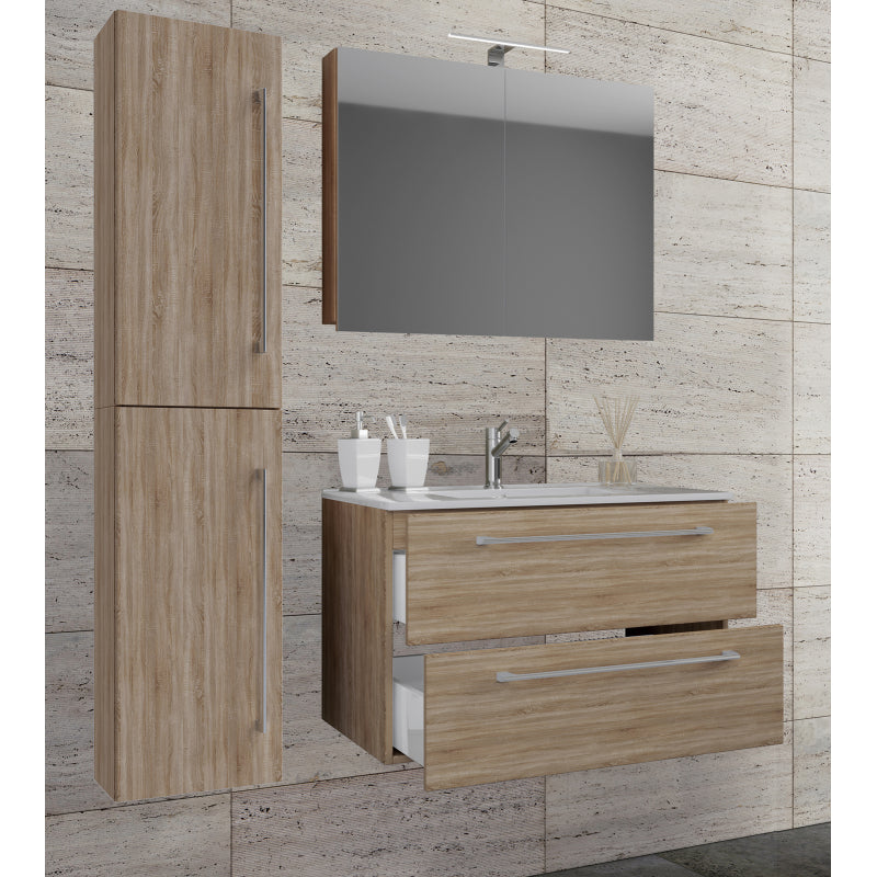 Completo Set bagno 4 Pezzi Mobile sospeso 2 casetti con Lavabo large in ceramica incl 1 Colonna e mobile specchio, Rovere ,