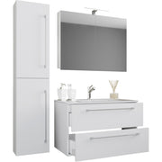 Completo Set bagno 4 Pezzi Mobile sospeso 2 casetti con Lavabo XL in ceramica incl 1 Colonna e mobile specchio, Bianco ,