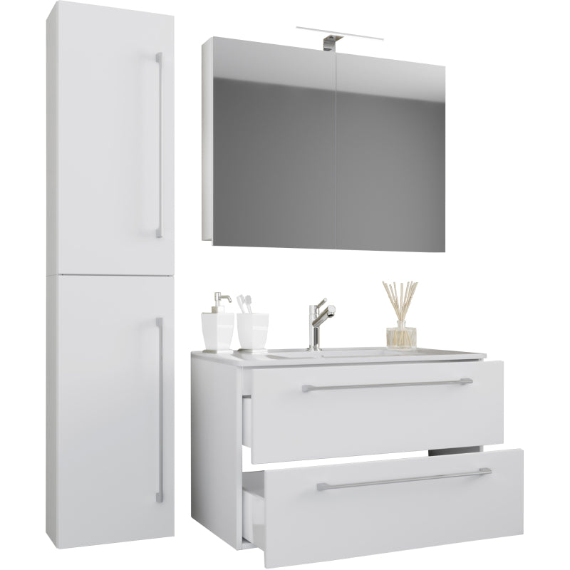 Completo Set bagno 4 Pezzi Mobile sospeso 2 casetti con Lavabo XL in ceramica incl 1 Colonna e mobile specchio, Bianco ,