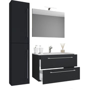 Completo Set bagno 4 Pezzi Mobile sospeso 2 casetti con Lavabo Extra large in ceramica incl 1 Colonna e specchio, Nero ,