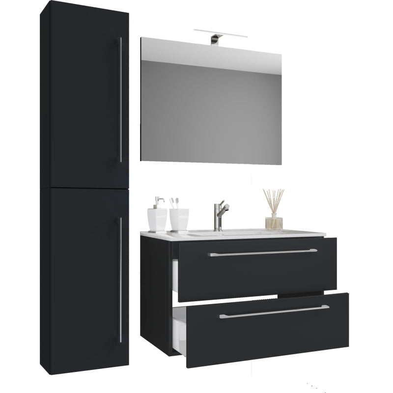 Completo Set bagno 4 Pezzi Mobile sospeso 2 casetti con Lavabo Extra large in ceramica incl 1 Colonna e specchio, Nero ,