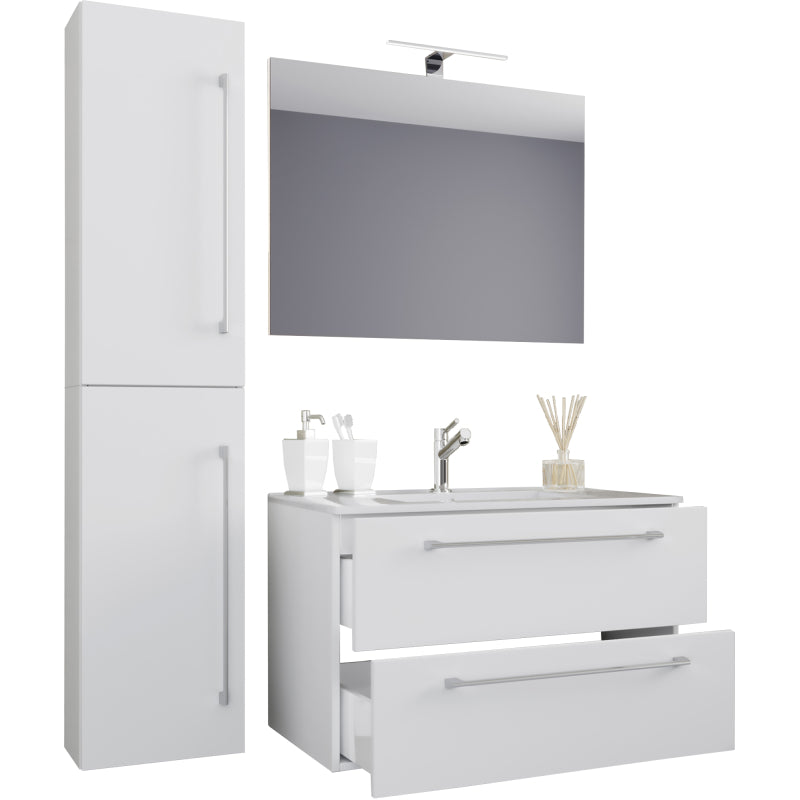 Completo Set bagno 4 Pezzi Mobile sospeso 2 casetti con Lavabo Extra large in ceramica incl 1 Colonna e specchio, Bianco ,