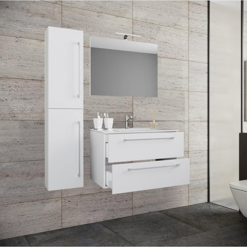 Completo Set bagno 4 Pezzi Mobile sospeso 2 casetti con Lavabo Extra large in ceramica incl 1 Colonna e specchio, Bianco ,