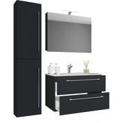 Completo Set bagno 4 Pezzi Mobile sospeso 2 casetti con Lavabo XL in ceramica incl 1 Colonna e mobile specchio, Nero ,
