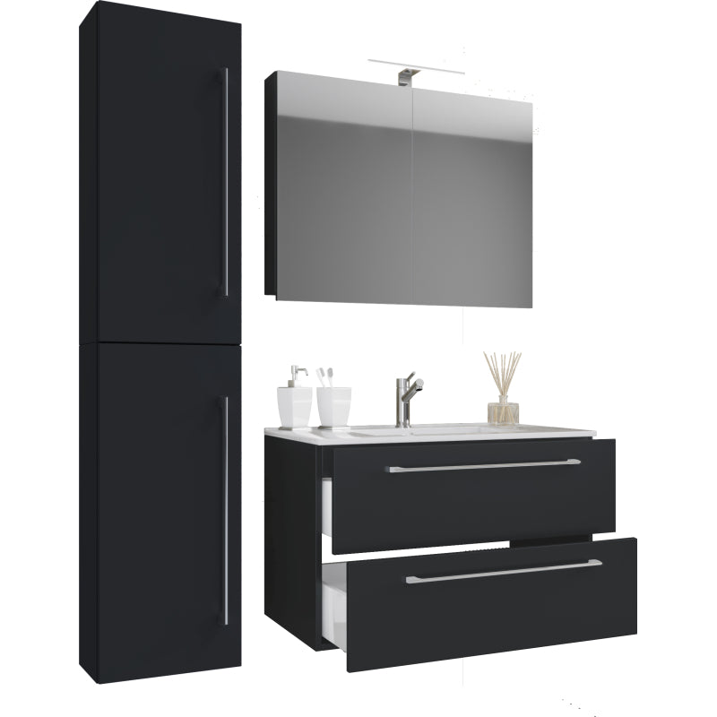 Completo Set bagno 4 Pezzi Mobile sospeso 2 casetti con Lavabo XL in ceramica incl 1 Colonna e mobile specchio, Nero ,