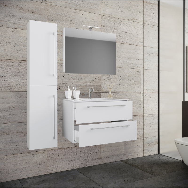 Completo Set bagno 4 Pezzi Mobile sospeso 2 casetti con Lavabo XL in ceramica incl 1 Colonna e mobile specchio, Bianco ,