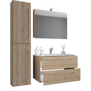 Completo Set bagno 4 Pezzi Mobile sospeso 2 casetti con Lavabo large in ceramica incl 1 Colonna e mobile specchio, Rovere ,