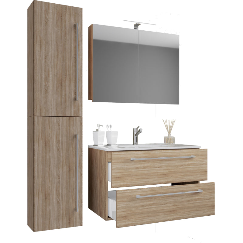 Completo Set bagno 4 Pezzi Mobile sospeso 2 casetti con Lavabo large in ceramica incl 1 Colonna e mobile specchio, Rovere ,