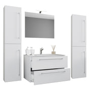 Completo Set bagno 5 Pezzi Mobile sospeso 2 casetti con Lavabo large in ceramica incl 2 Colonne e specchio, Bianco ,
