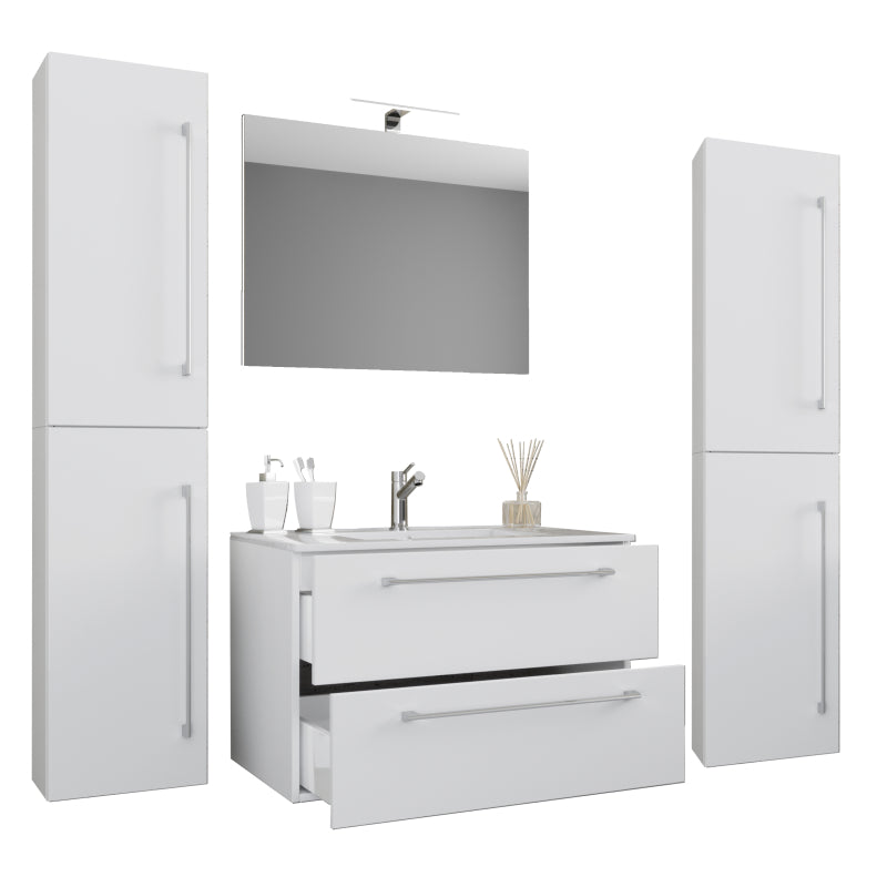 Completo Set bagno 5 Pezzi Mobile sospeso 2 casetti con Lavabo large in ceramica incl 2 Colonne e specchio, Bianco ,