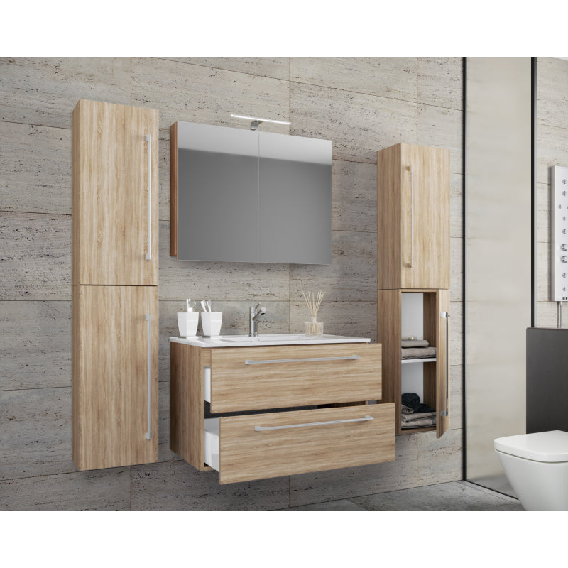 Completo Set bagno 5 Pezzi Mobile sospeso 2 casetti con Lavabo XL in ceramica incl 2 Colonne e mobile specchio, Rovere ,