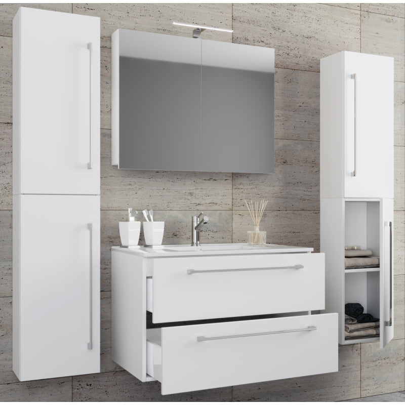 Completo Set bagno 5 Pezzi Mobile sospeso 2 casetti con Lavabo XL in ceramica incl 2 Colonne e mobile specchio, Bianco ,