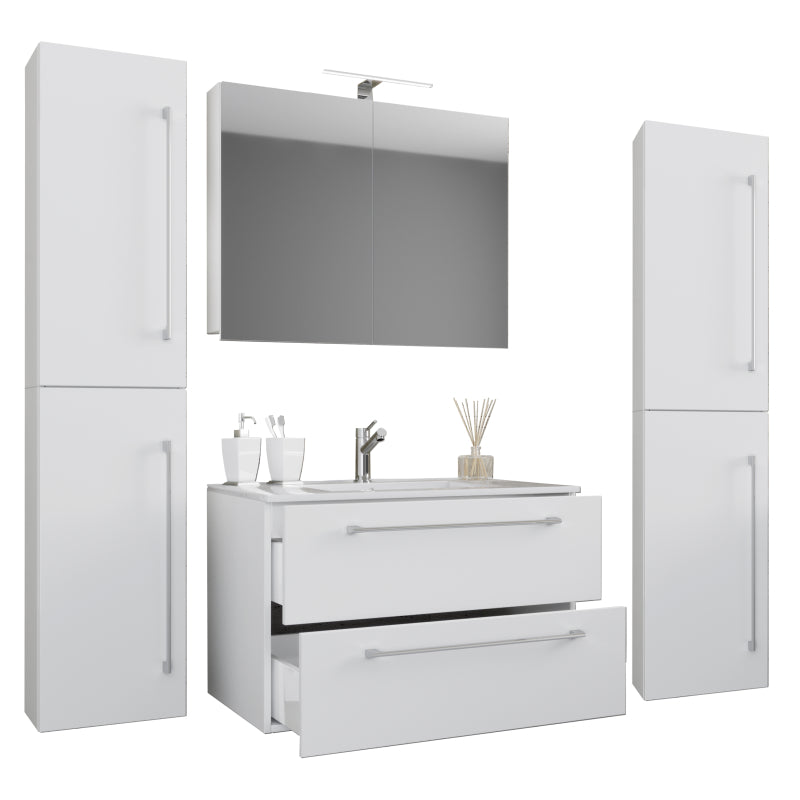 Completo Set bagno 5 Pezzi Mobile sospeso 2 casetti con Lavabo XL in ceramica incl 2 Colonne e mobile specchio, Bianco ,