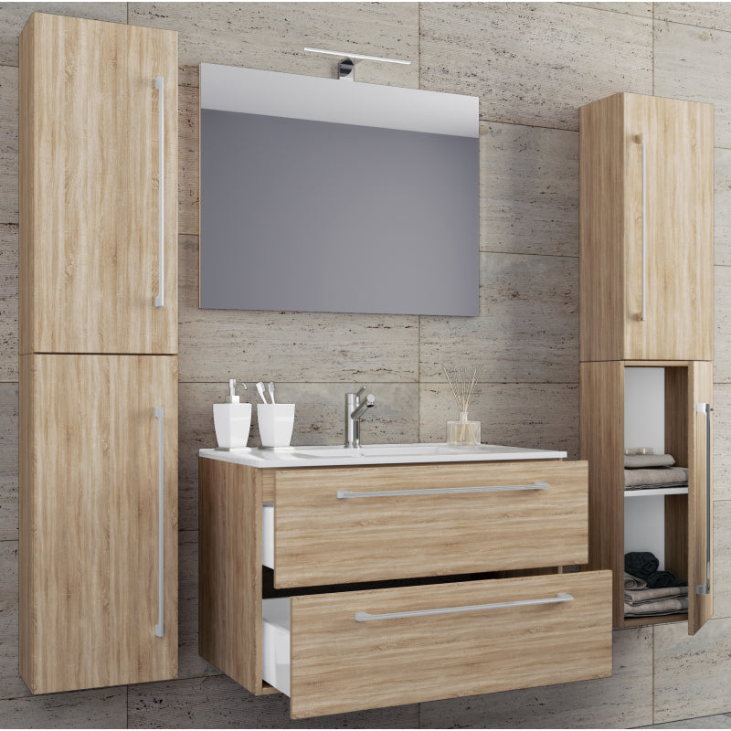 Completo Set bagno 5 Pezzi Mobile sospeso 2 casetti con Lavabo large in ceramica incl 2 Colonne e specchio, Rovere Sonoma ,