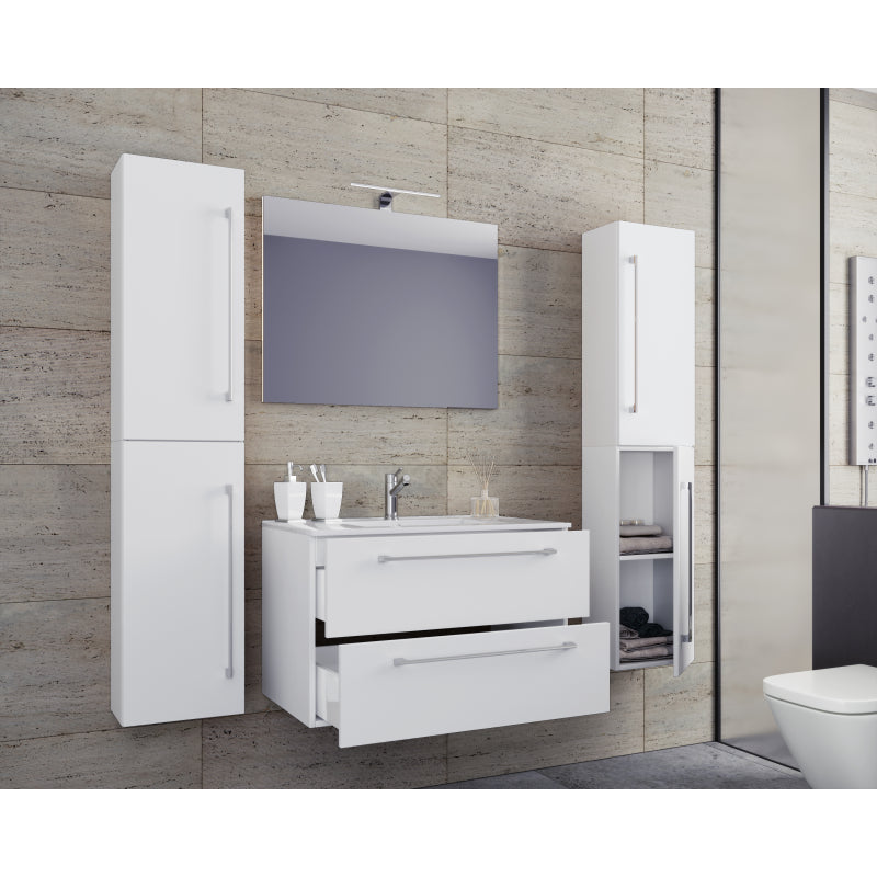 Completo Set bagno 5 Pezzi Mobile sospeso 2 casetti con Lavabo Extra large in ceramica incl 2 Colonne e specchio, Bianco ,