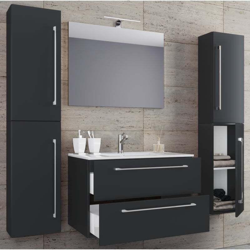 Completo Set bagno 5 Pezzi Mobile sospeso 2 casetti con Lavabo Extra large in ceramica incl 2 Colonne e specchio, Nero ,