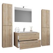 Completo Set bagno 5 Pezzi Mobile sospeso 2 casetti con Lavabo large in ceramica incl 2 Colonne e specchio, Rovere Sonoma ,