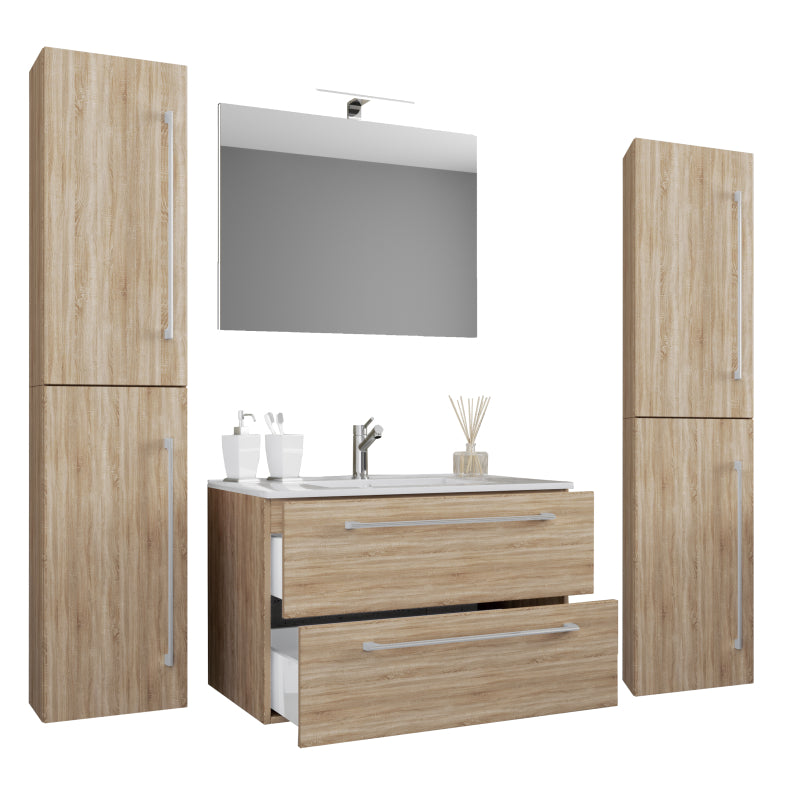 Completo Set bagno 5 Pezzi Mobile sospeso 2 casetti con Lavabo large in ceramica incl 2 Colonne e specchio, Rovere Sonoma ,