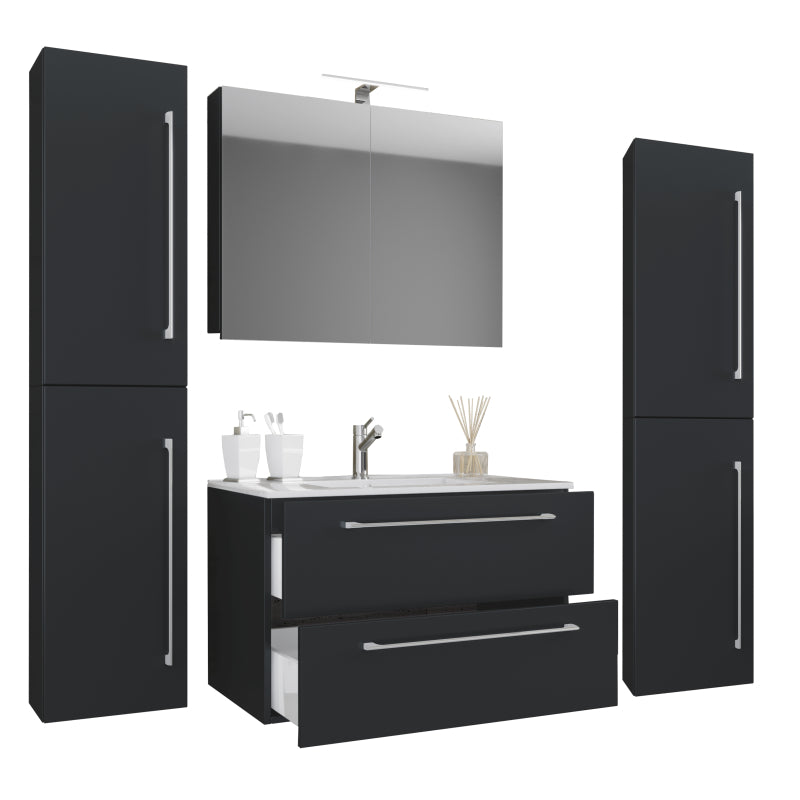 Completo Set bagno 5 Pezzi Mobile sospeso 2 casetti con Lavabo large in ceramica incl 2 Colonne e mobile specchio, Nero ,