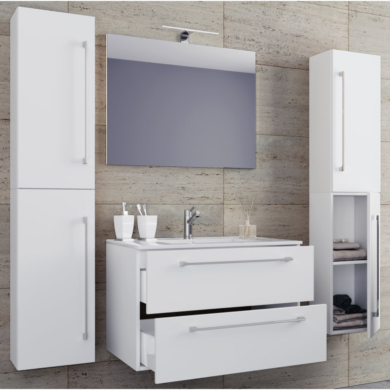 Completo Set bagno 5 Pezzi Mobile sospeso 2 casetti con Lavabo Extra large in ceramica incl 2 Colonne e specchio, Bianco ,