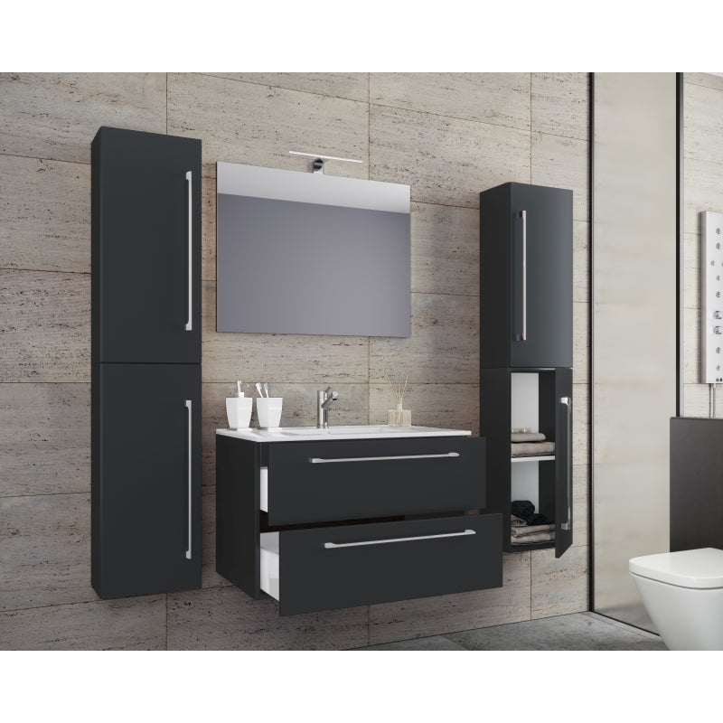 Completo Set bagno 5 Pezzi Mobile sospeso 2 casetti con Lavabo Extra large in ceramica incl 2 Colonne e specchio, Nero ,