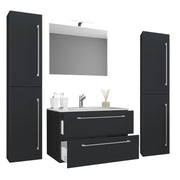 Completo Set bagno 5 Pezzi Mobile sospeso 2 casetti con Lavabo Extra large in ceramica incl 2 Colonne e specchio, Nero ,