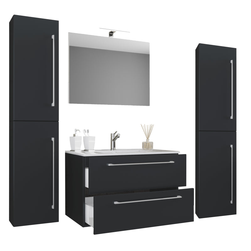 Completo Set bagno 5 Pezzi Mobile sospeso 2 casetti con Lavabo Extra large in ceramica incl 2 Colonne e specchio, Nero ,