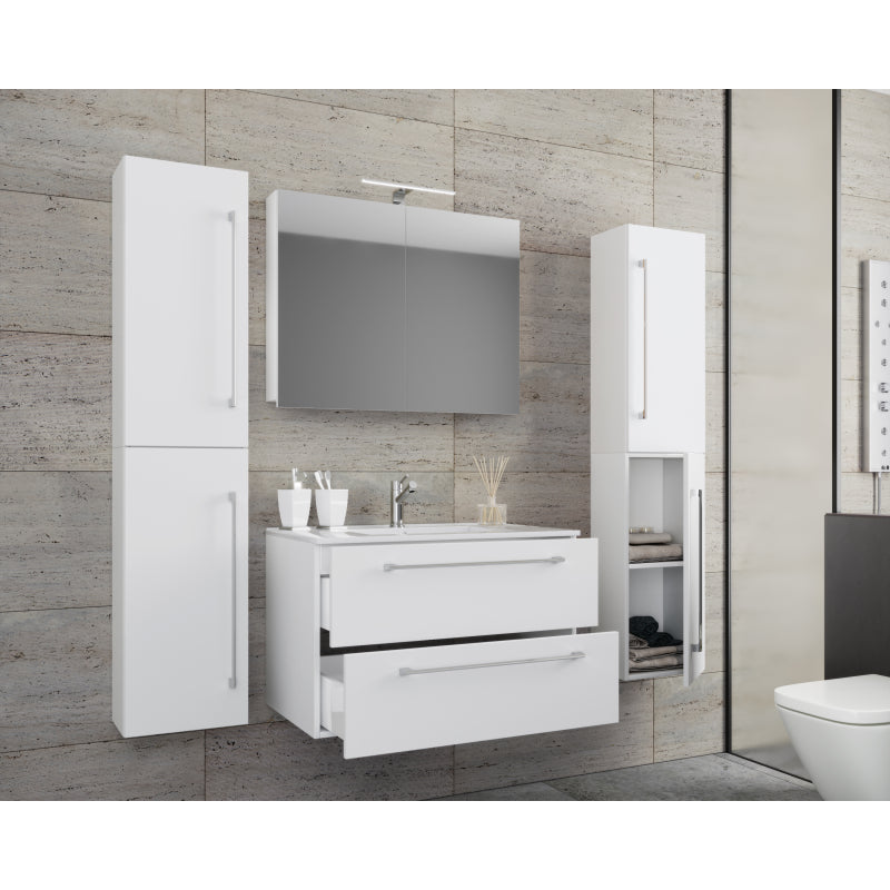 Completo Set bagno 5 Pezzi Mobile sospeso 2 casetti con Lavabo XL in ceramica incl 2 Colonne e mobile specchio, Bianco ,
