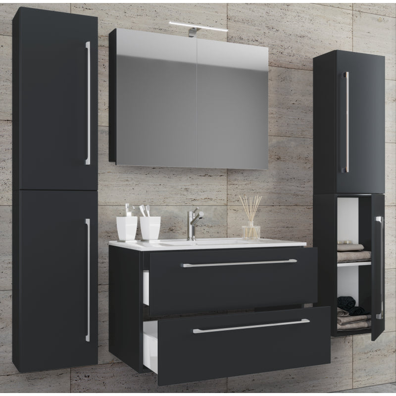 Completo Set bagno 5 Pezzi Mobile sospeso 2 casetti con Lavabo large in ceramica incl 2 Colonne e mobile specchio, Nero ,