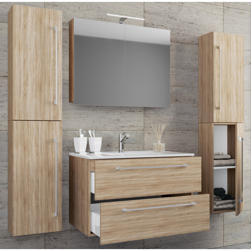 Completo Set bagno 5 Pezzi Mobile sospeso 2 casetti con Lavabo XL in ceramica incl 2 Colonne e mobile specchio, Rovere ,