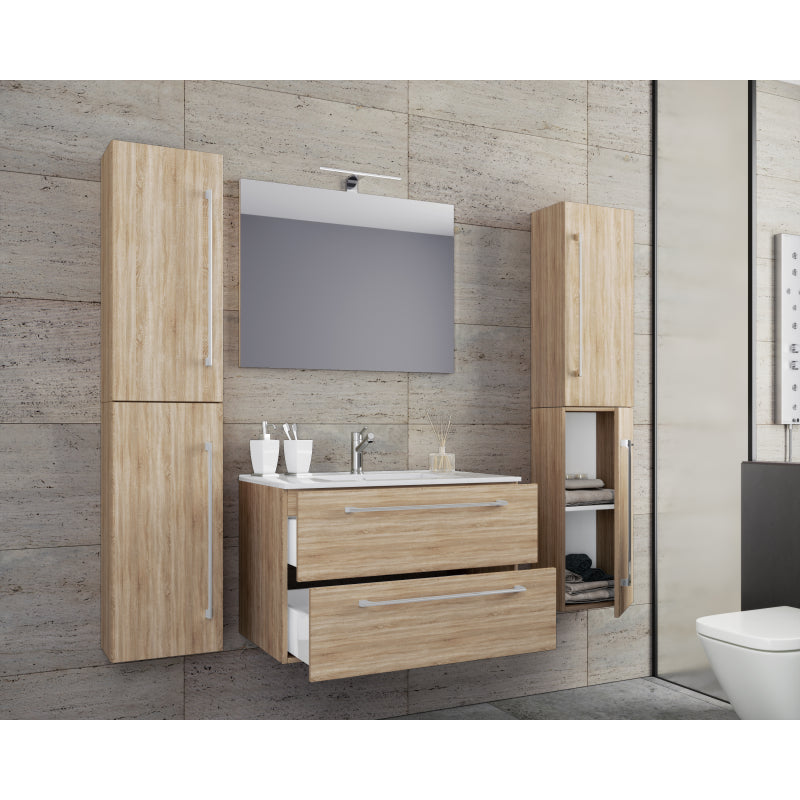 Completo Set bagno 5 Pezzi Mobile sospeso 2 casetti con Lavabo large in ceramica incl 2 Colonne e specchio, Rovere Sonoma ,