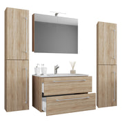 Completo Set bagno 5 Pezzi Mobile sospeso 2 casetti con Lavabo XL in ceramica incl 2 Colonne e mobile specchio, Rovere ,