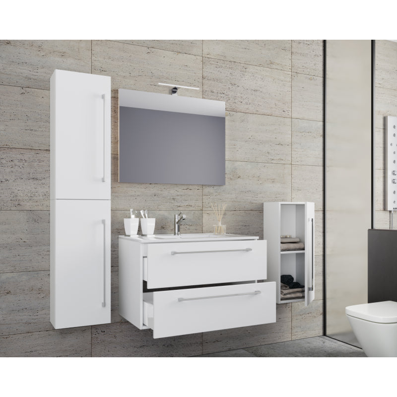 Completo Set bagno 5 pz Mobile sosp 2 casetti con Lavabo XL in ceramica incl 1 Colonna 1 mobile sosp e specchio, Bianco