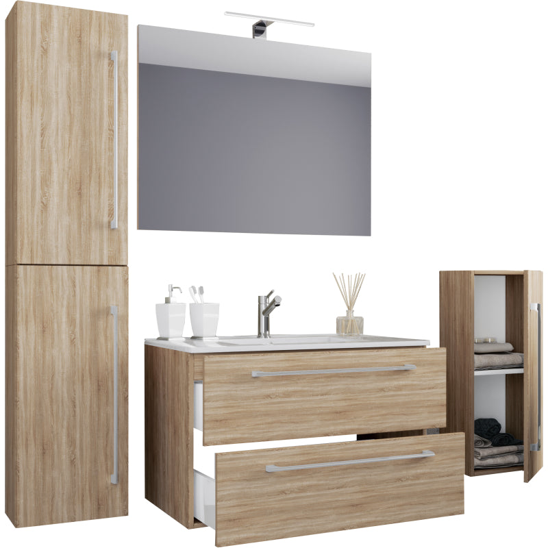 Completo Set bagno 5 pz Mobile sosp 2 casetti con Lavabo large in ceramica incl 1 Colonna 1 mobile sosp e specchio, Rovere