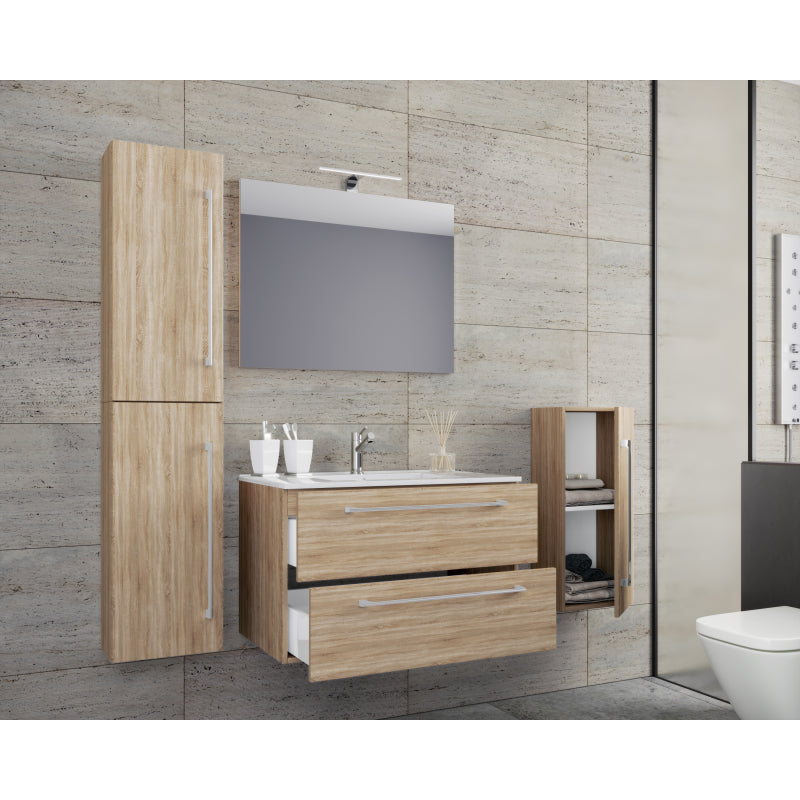Completo Set bagno 5 pz Mobile sosp 2 casetti con Lavabo large in ceramica incl 1 Colonna 1 mobile sosp e specchio, Rovere