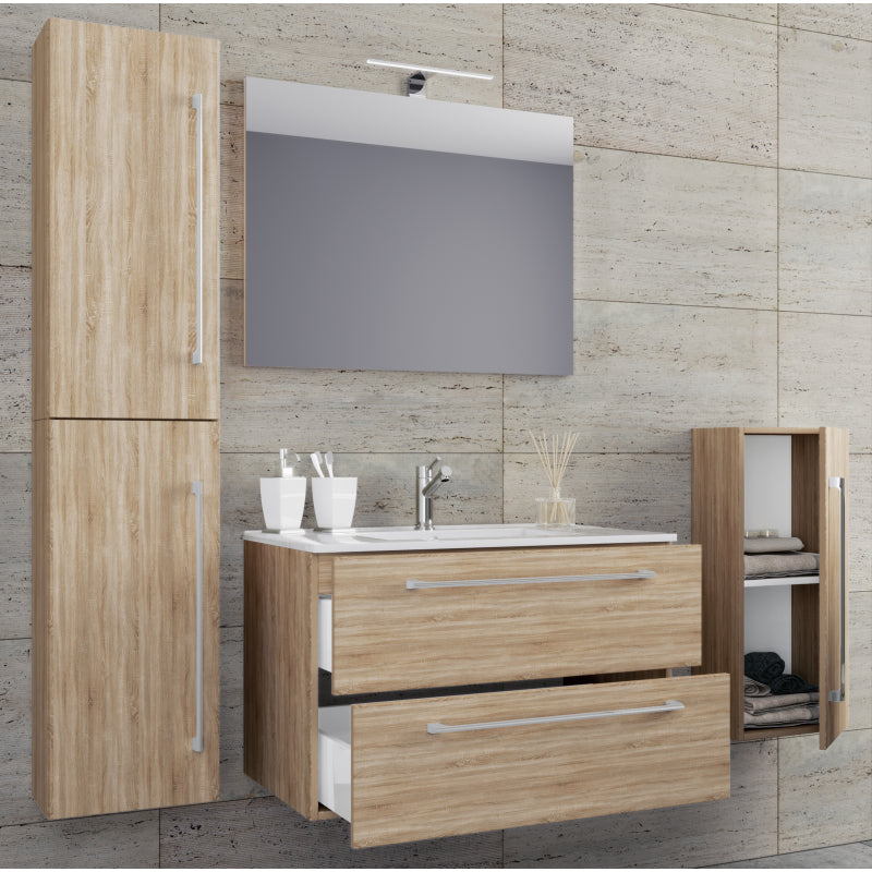 Completo Set bagno 5 pz Mobile sosp 2 casetti con Lavabo large in ceramica incl 1 Colonna 1 mobile sosp e specchio, Rovere