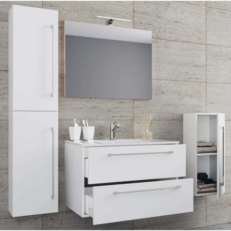 Completo Set bagno 5 pz Mobile sosp 2 casetti con Lavabo XL in ceramica incl 1 Colonna 1 mobile sosp e specchio, Bianco