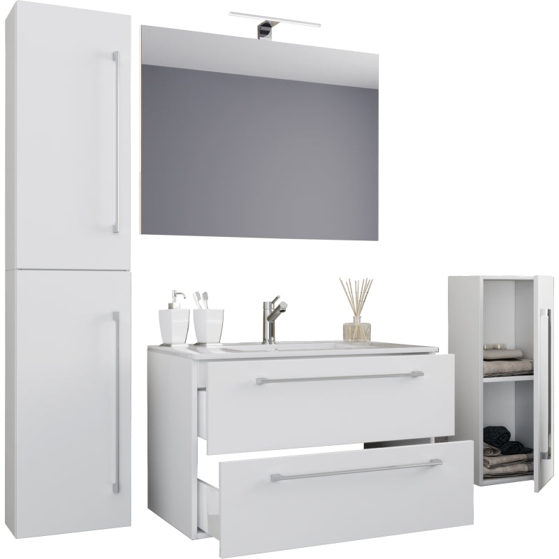 Completo Set bagno 5 pz Mobile sosp 2 casetti con Lavabo XL in ceramica incl 1 Colonna 1 mobile sosp e specchio, Bianco