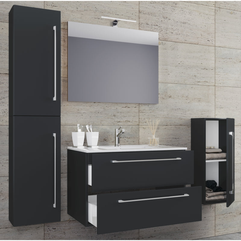 Completo Set bagno 5 pz Mobile sosp 2 casetti con Lavabo XL in ceramica incl 1 Colonna 1 mobile sosp e specchio, Nero