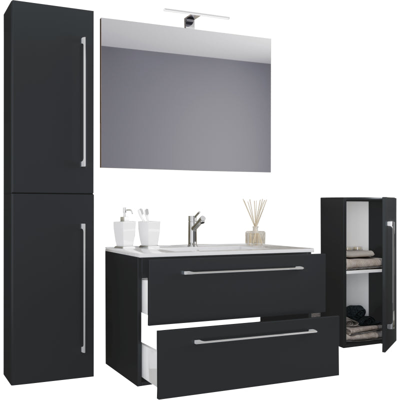 Completo Set bagno 5 pz Mobile sosp 2 casetti con Lavabo large in ceramica incl 1 Colonna 1 mobile sosp e specchio, Nero
