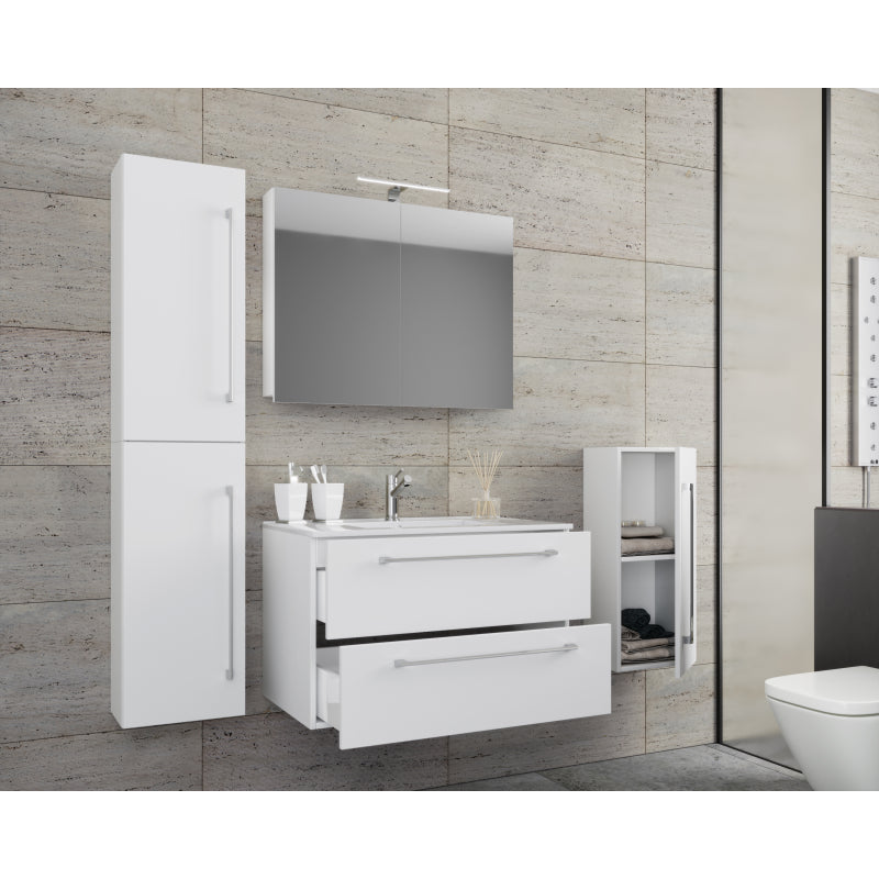 Completo Set5 pz Mobile sosp 2 casetti con Lavabo LG in ceramica incl 1 Colonna 1 mobile sosp e mobile specchio, Bianco