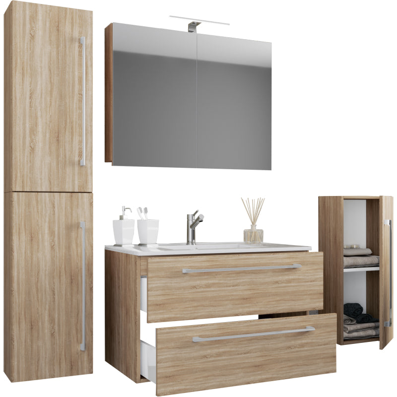 Completo Set5 pz Mobile sosp 2 casetti con Lavabo LG in ceramica incl 1 Colonna 1 mobile sosp e mobile specchio, Rovere